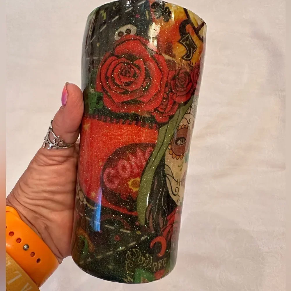 Tumbler Hand Crafted Tacos Sugar Skulls Dia De Los Muertos 20 oz.